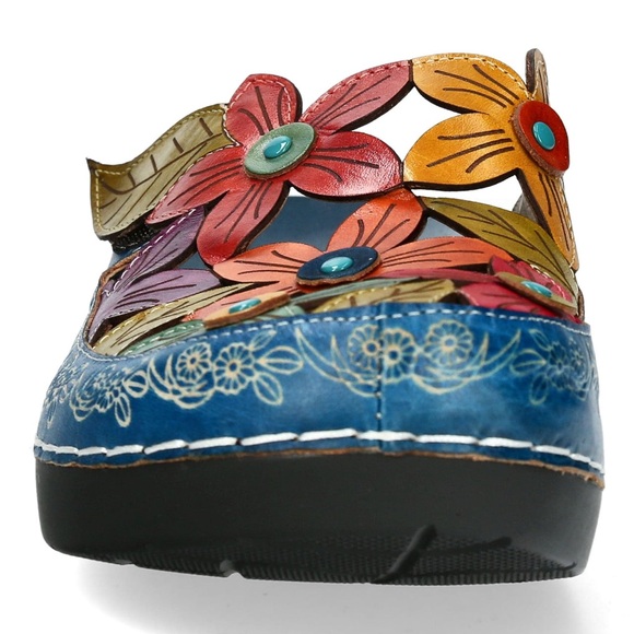 Laura Vita Mules Billy 52 Turquoise Leather Shoes Floral Size 9 Women’s - Picture 3 of 12